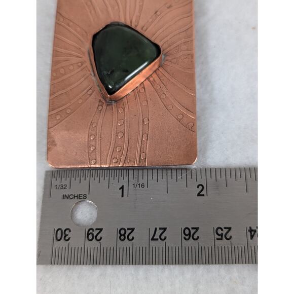 Vtge Hand etched Copper belt buckle with Jade 27/8\